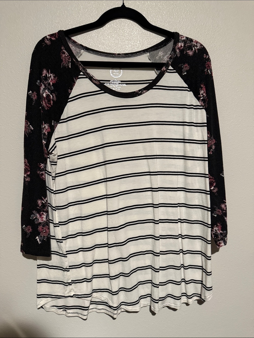 Striped Raglan Long Sleeve Top with Floral Sleeves - Black/White
